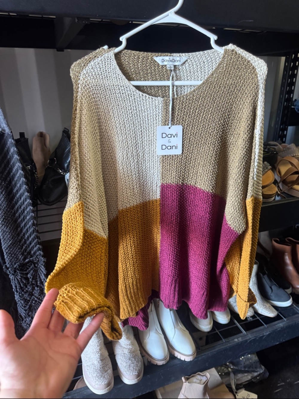 Davi & Dani Colorblock Crewneck Sweater In Taupe, Mustard & Berry